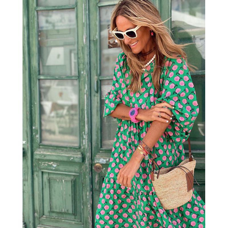 Модный дизайн, женское длинное платье с принтом, свободное платье макси с пышными рукавами в стиле бохо, женская одежда