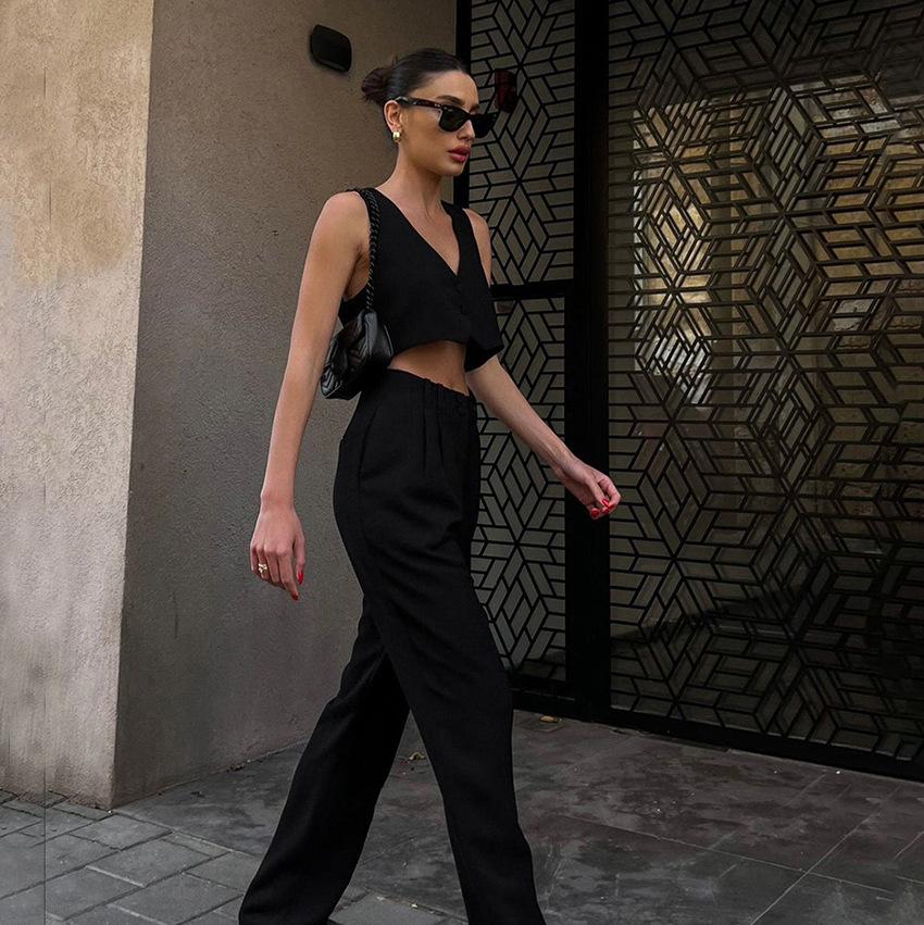 1116 European and American new solid color V-neck sleeveless vest, open button trousers set, summer fashion women's clothing two-piece set