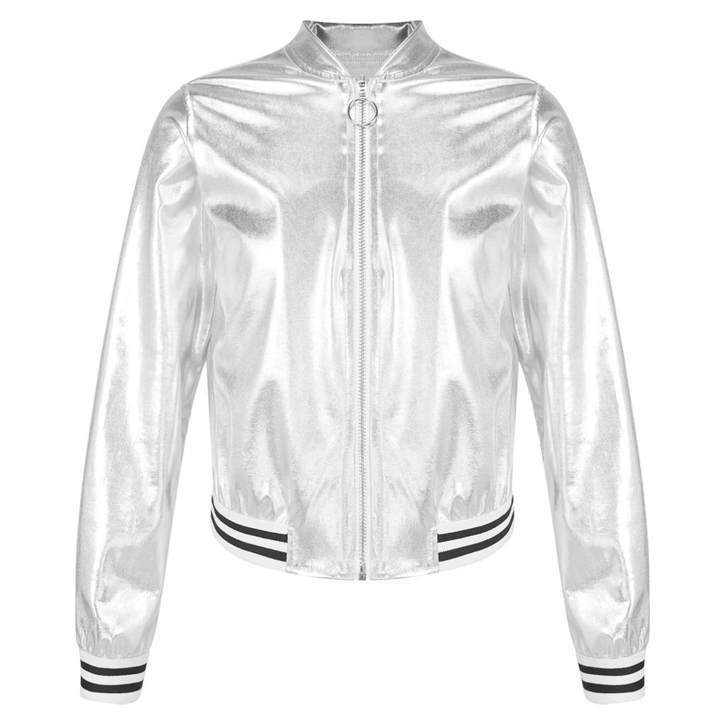 Детская блестящая бейсбольная куртка для девочек, блестящая куртка-бомбер с металлической молнией и длинными рукавами, пальто, верхняя одежда