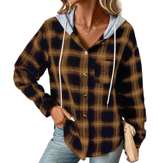 Autumn Winter Women Hoodie Coat Plaid Solid Color Stitching Hooded Drawstring Patch Pocket Long Sleeve Single Breasted Sweatshirt Jacket