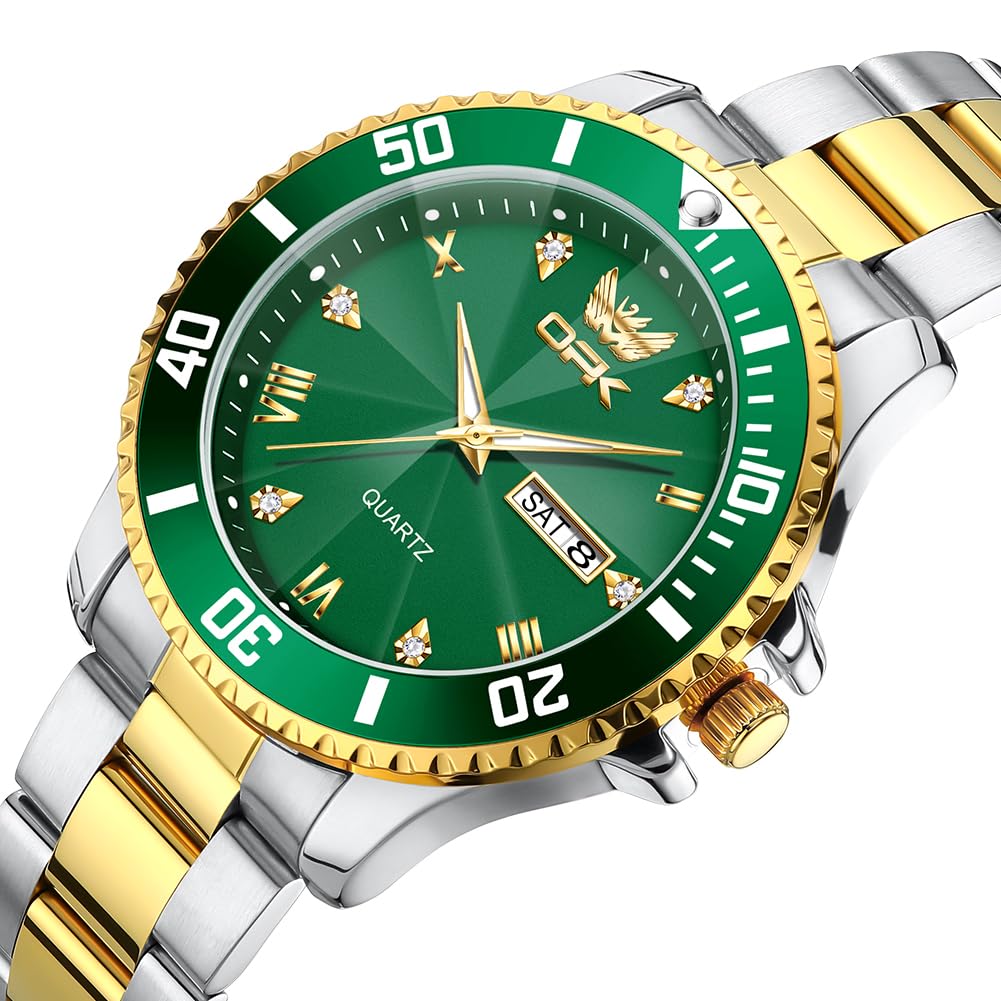 OPK Quartz Watch with Date Classic Stainless Steel Watch for School or Gold Green Men's Display, Waterproof, Luminous, Stylish, Office, &