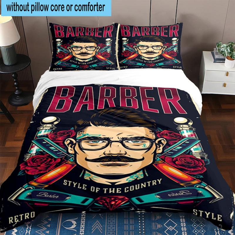 Vintage Barbershop Print 3pcs Bedding,Including 1pc Duvet Cover And 2pcs Pillowcases Perfect for Christmas,Ideal for Bedroom, Dormitory