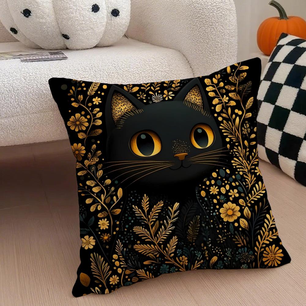 Black-And-Gold Kitten Cushion Cover Throw Pillow Cover Hidden Button Durable Polyester Chair Cushion
