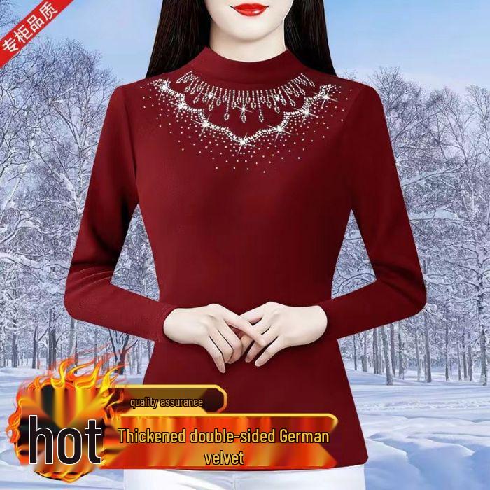 2024 Осень/Зима Женский Премиальный Топ Базового Слоя Облегающего Кроя Однотонный с Горячей Стразой