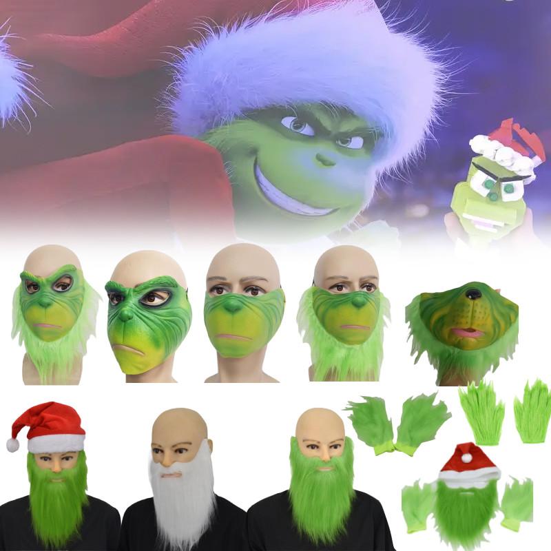 Маска Гринча на пол-лица с зелеными волосами и причудливым дизайном для рождественских празднований
