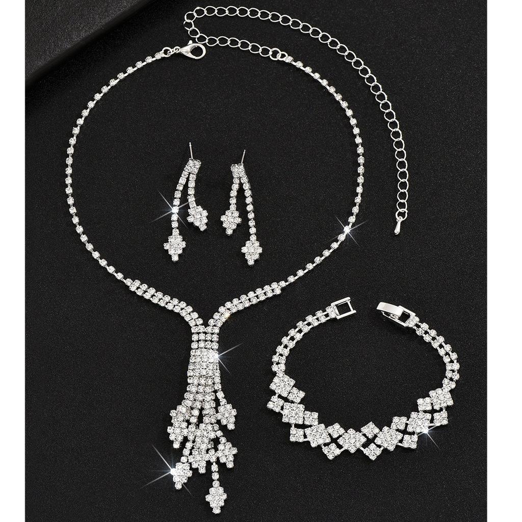 Bright Rhombus Rhinestone Pendant Necklace Earrings Bracelet Bridal Jewelry Wedding Set