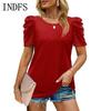 INDFS Женская мода Повседневная Летняя Весна Однотонный Принт Короткие Рукава О-Образным Вырезом Блузки и Рубашки