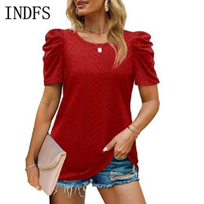 INDFS Женская мода Повседневная Летняя Весна Однотонный Принт Короткие Рукава О-Образным Вырезом Блузки и Рубашки