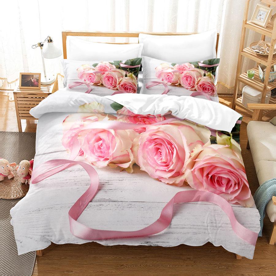 Pink Flower Duvet Cover and Pillowcases Set King Size 220x240 Double Bed Single 3D Queen Bedding Sets Pink Full Twin Quilt Linen