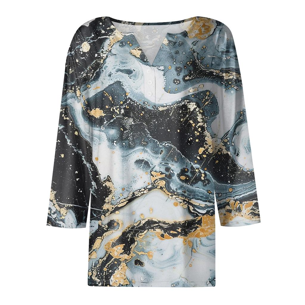 Women's T Shirt Tee Print Button 3/4 Sleeve Daily Weekend Fashion Basic V- Neck Regular Top