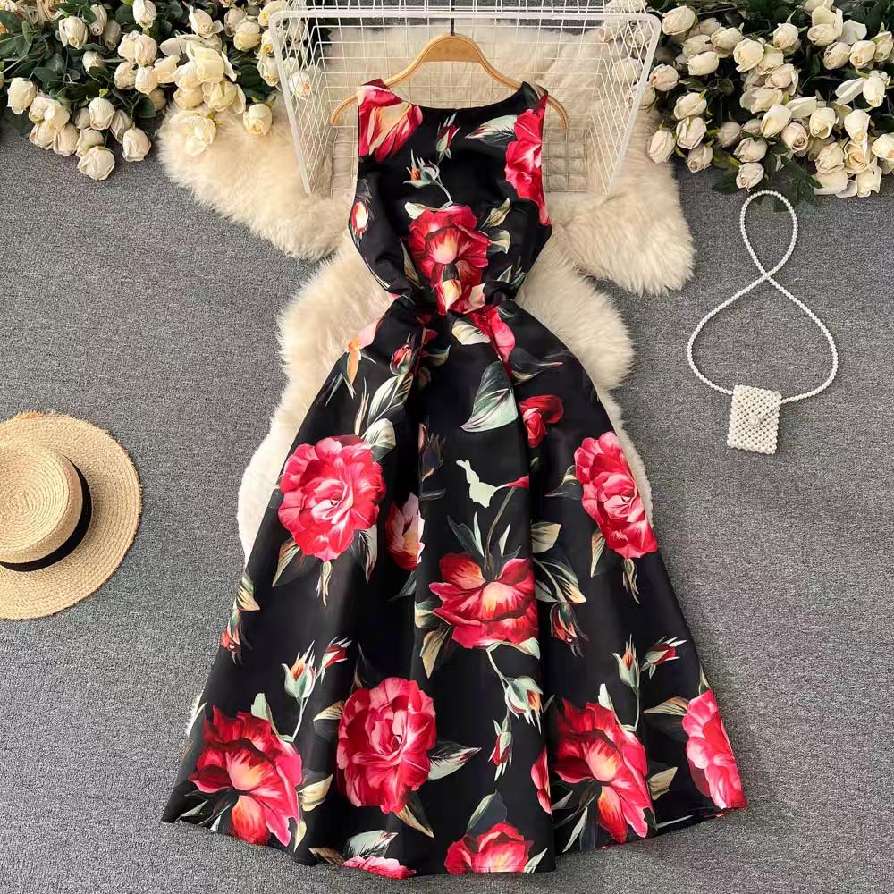 Женское платье-майка с цветочным принтом, элегантное модное летнее платье трапециевидной формы с круглым вырезом без рукавов и высокой талией, вечернее платье-майка для взлетно-посадочной полосы