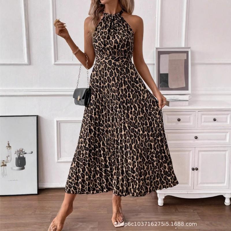 Womens 2025 Leopard Print V-Neck Backless Slip Dress High Waist Flowy Maxi