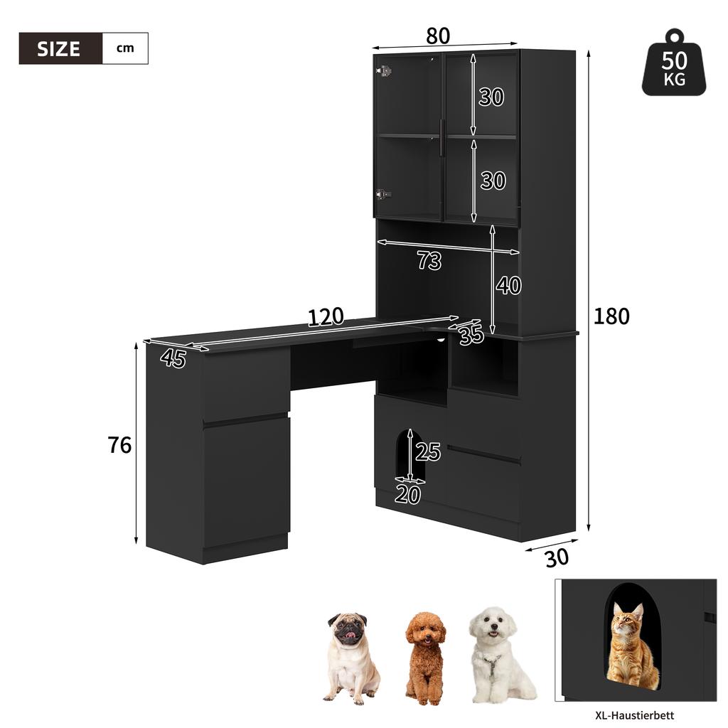 Corner desk with shelf and LED display cabinet 120×80×180 cm - desk with cable grommet, 3 drawers, 2 doors, open compartments