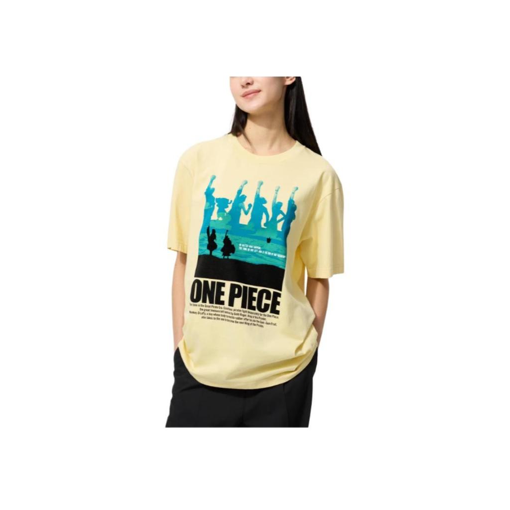 Uniqlo × Коллаборация One Piece SS25 Силуэтный узор Принт с буквами Свободная повседневная футболка с коротким рукавом Мужские футболки Желтый 480692-41