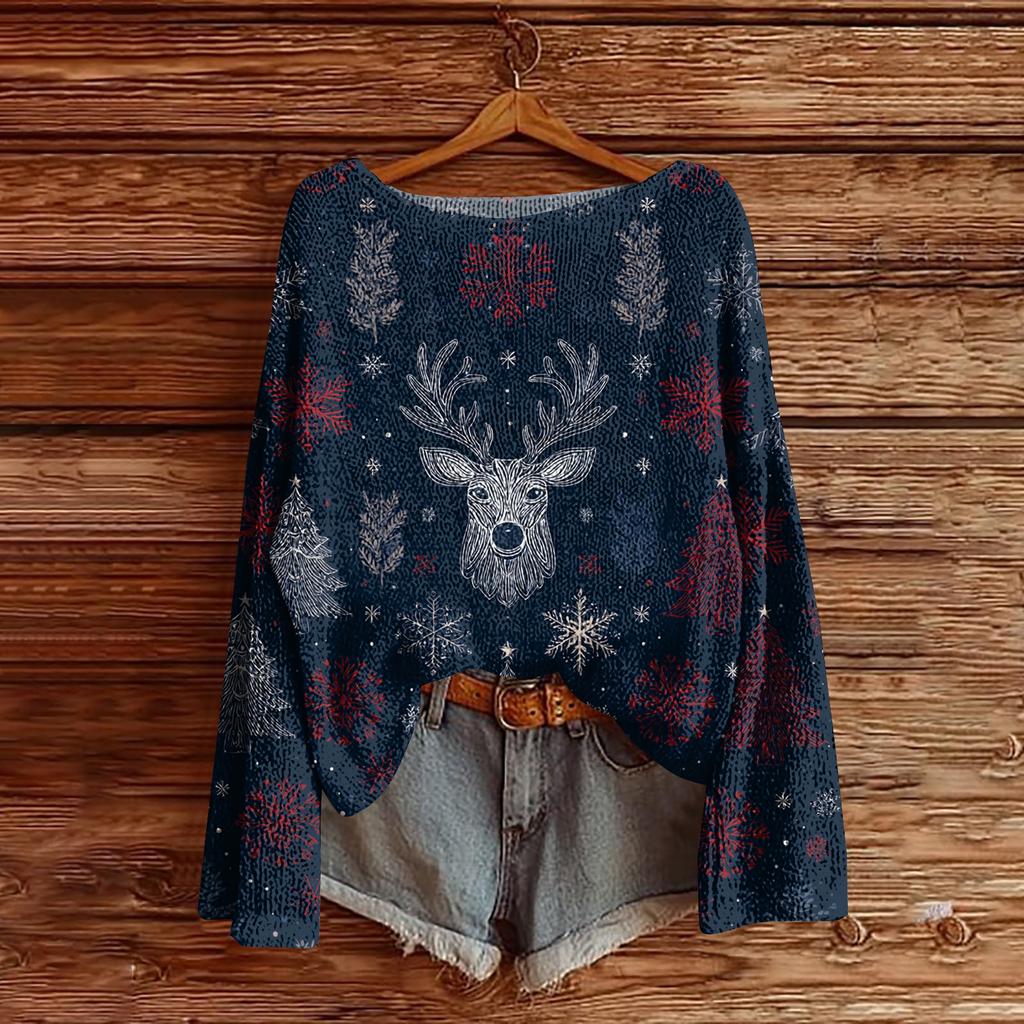 Women's Christmas Print Lightweight Sweater Casual Long Sleeve Knitted Pullover