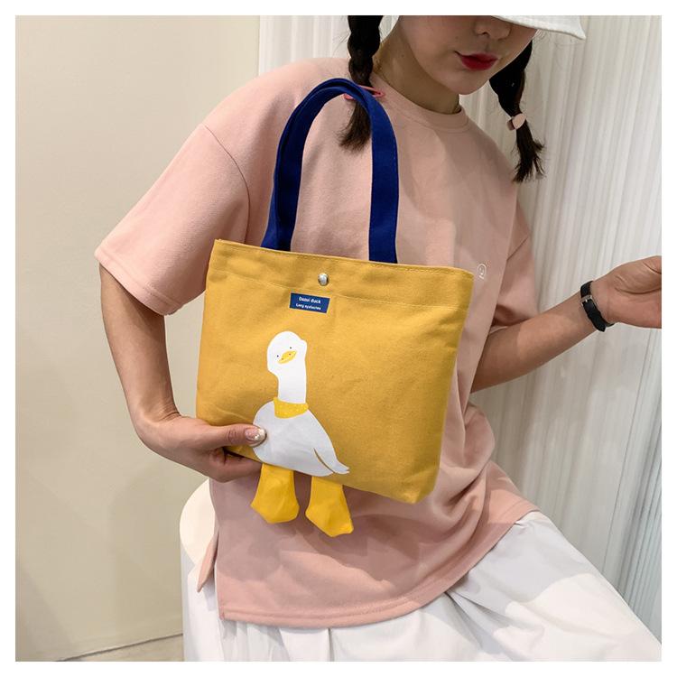 Cute Duck Canvas Tote Bag for Women, Small Handheld Shoulder Purse, Kawaii Cartoon Crossbody Bag for Daily Outings KTB