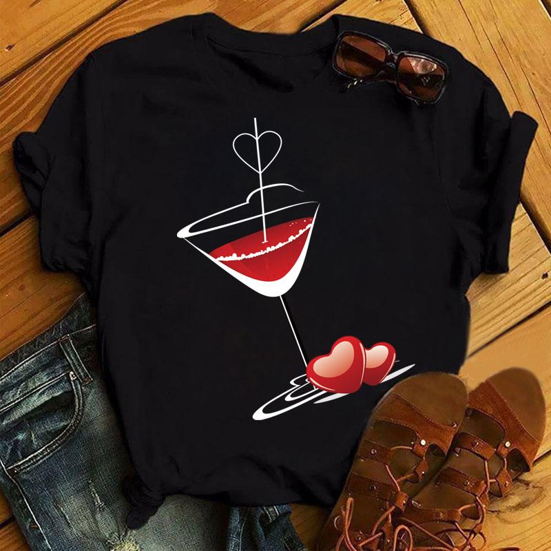 Women Black T Shirt Watercolor Butterfly Wine Glass Print T Shirt Female Funny Graphic Tee Shirts 90s Ladies Casual Tops Tee