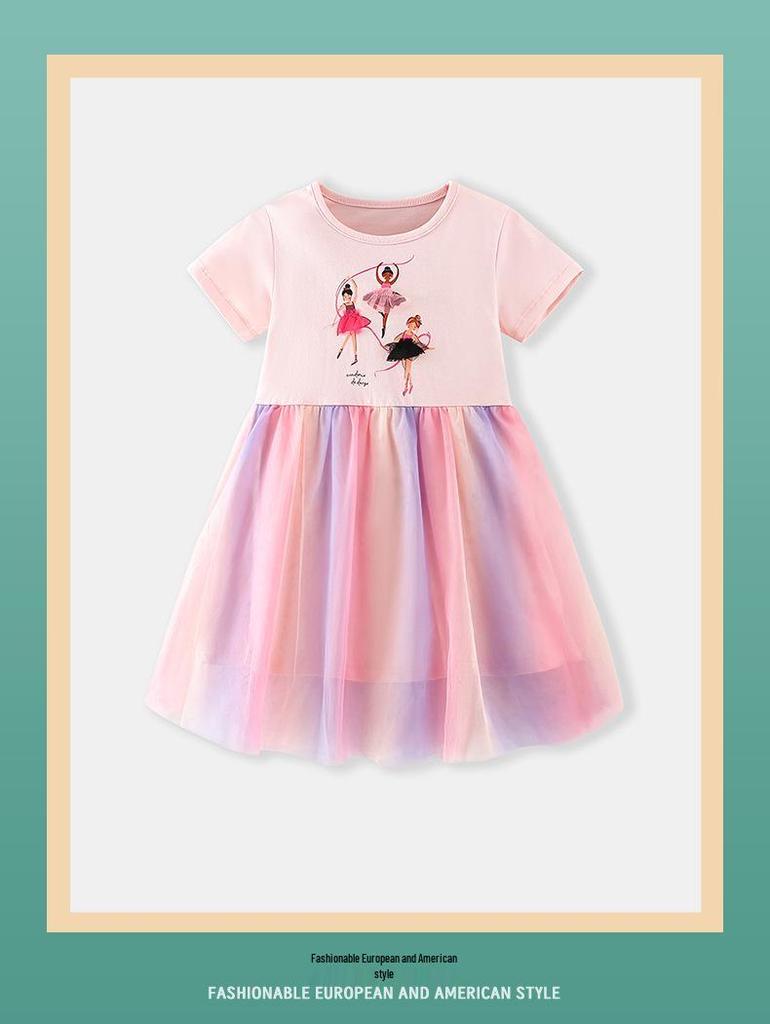 Весенне-летнее детское платье-сетка "Радуга" 26 лет - Милый принт, Круглый вырез, Короткий рукав, В наличии