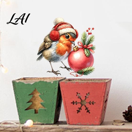 Christmas Bird Wall Decor Sticker Cute Watercolor Decals with Wreath/Scarf/Hat/Ear Warmer PVC Waterproof for Glass Window Stickers Holiday