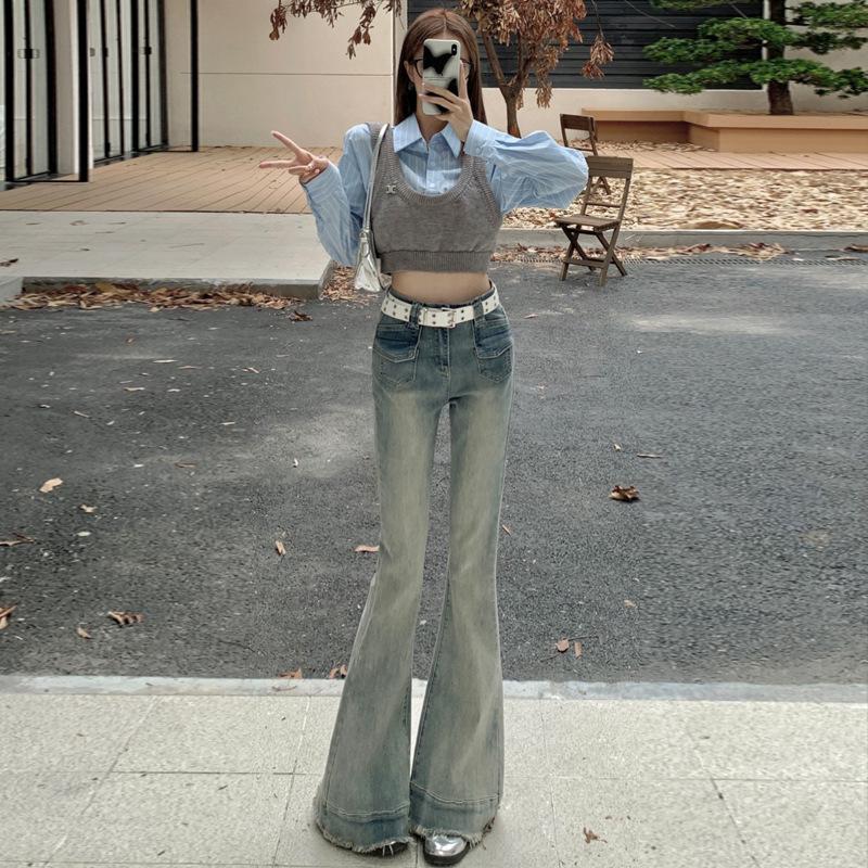 2024 Four Seasons Wearable Women's New Retro High Waist Skinny Jeans, Spicy And Elastic Bellbottom Брюки