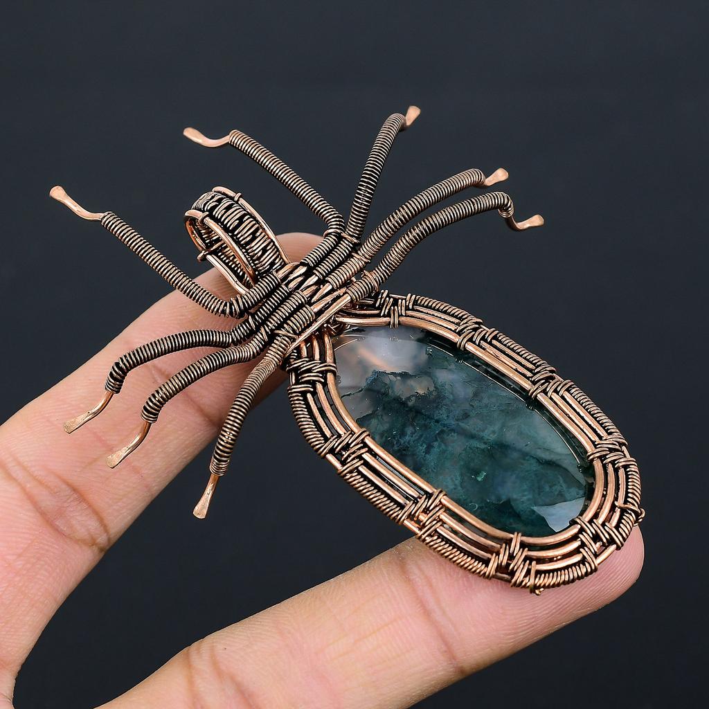 Natural Moss Agate Gemstone Handmade Copper Wire Wrap Spider Pendant 2.56" m0B23