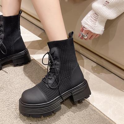 Comemore женские осенние толстые носки на шнуровке до колена Botas De Mujer толстые вязаные длинные эластичные сапоги на платформе