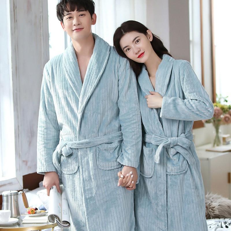Couples Flannel Robe Long Sleeve Thick Coral Fleece Bathrobe Home Pajamas Comfort
