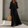 Women Autumn Solid V‑Neck Maxi Dress, Ruffle 3/4 Sleeve Loose Big Swing Hem Dress, Casual Elegant Long Dress With Side Pockets For Beach Outfit