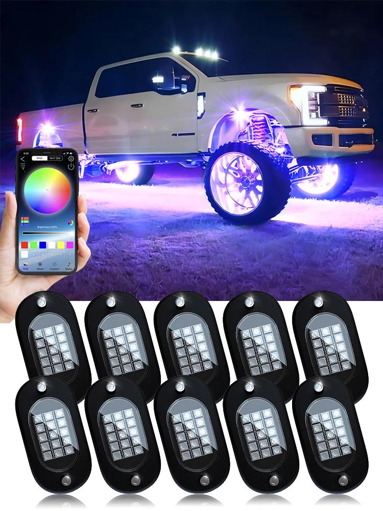 4/6/8/10/12 Pods RGB LED Rock Light APP Control Music Neon Car Underglow Chassis Light Offroad Truck SUV 4x4 ATV Boat Car Led