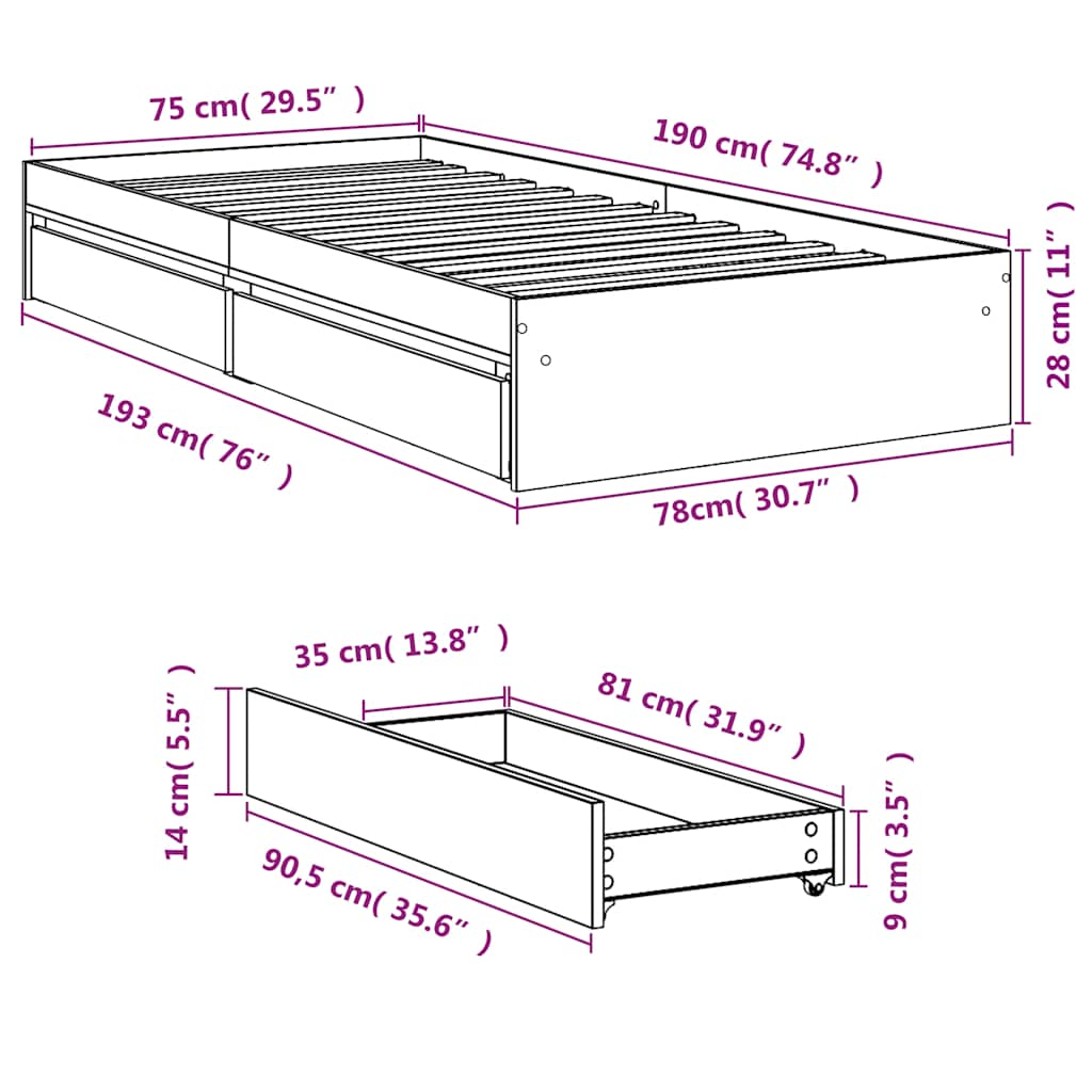 Bed Frame with Drawers Black 75x190 cm Particleboard