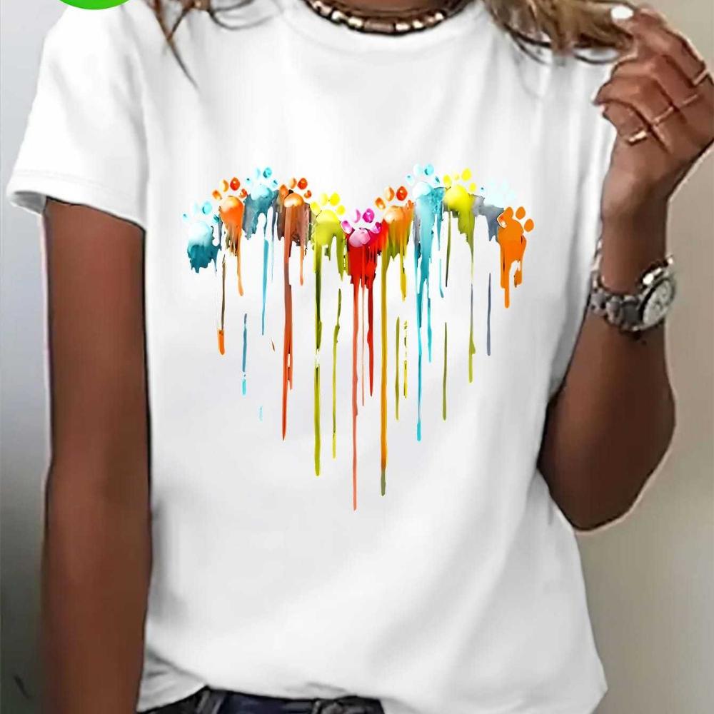 Women's Casual Short Sleeve T-Shirt Colorful Paw Print Heart Design with Multicolor Dripping Paint Art Fashion Artistic Tee