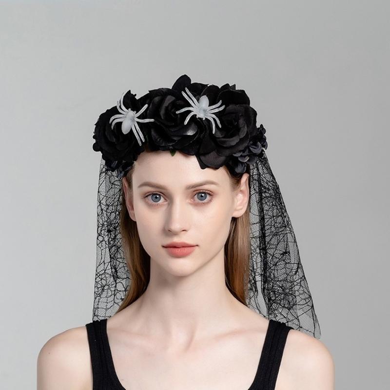 Имитация цветка повязка на голову женский головной убор цветок кружево с вуалью черная роза череп повязка на голову для вечеринки Хэллоуин день косплей подарок