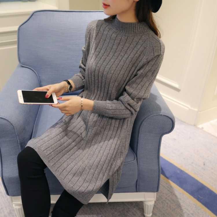 Женское зимне-осеннее трикотажное платье с высоким воротником, вязаный топ, однотонная юбка-свитер, утолщенная