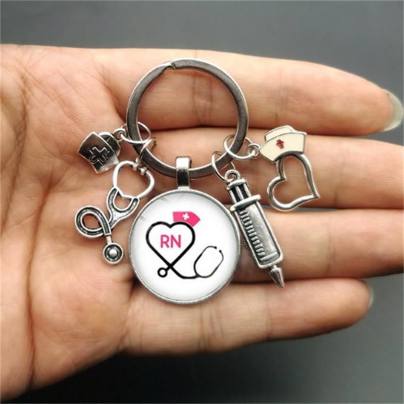 1Pc Nurse Medical Syringe Keychain Glass Key Ring Pendant Stethoscope Pattern Keychain Gift