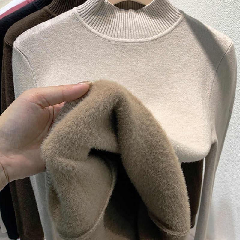 Свитер-пуловер из бархата с полувысоким воротом для женщин, осенне-зимний, толстый, плюшевый, теплый, вязаный, женский, винтажный, облегающий, повседневный, вязаный джемпер 25271