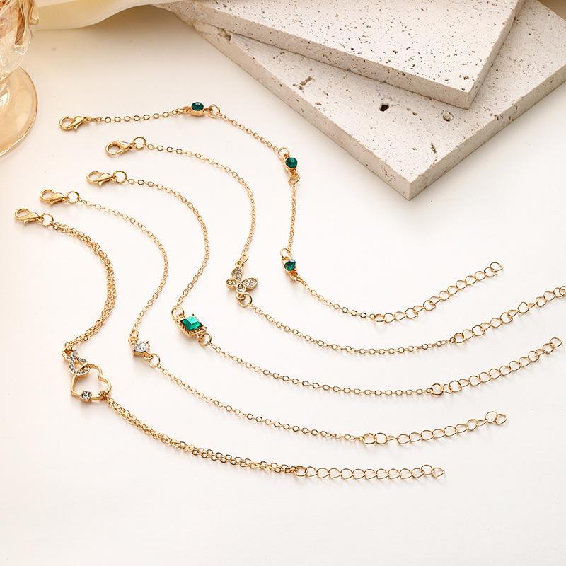 European & American Retro Green Diamond Bracelet Set: 5-Piece Square, Butterfly, and Love Designs
