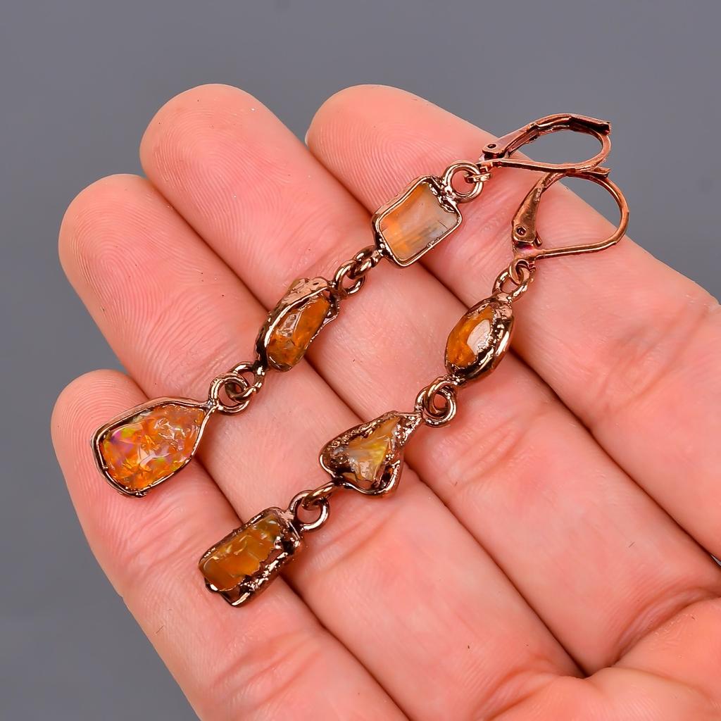 Ethiopian Opal Stone Copper Wife Gift Electroformed Dangle Drop Earrings Jewelry V-102