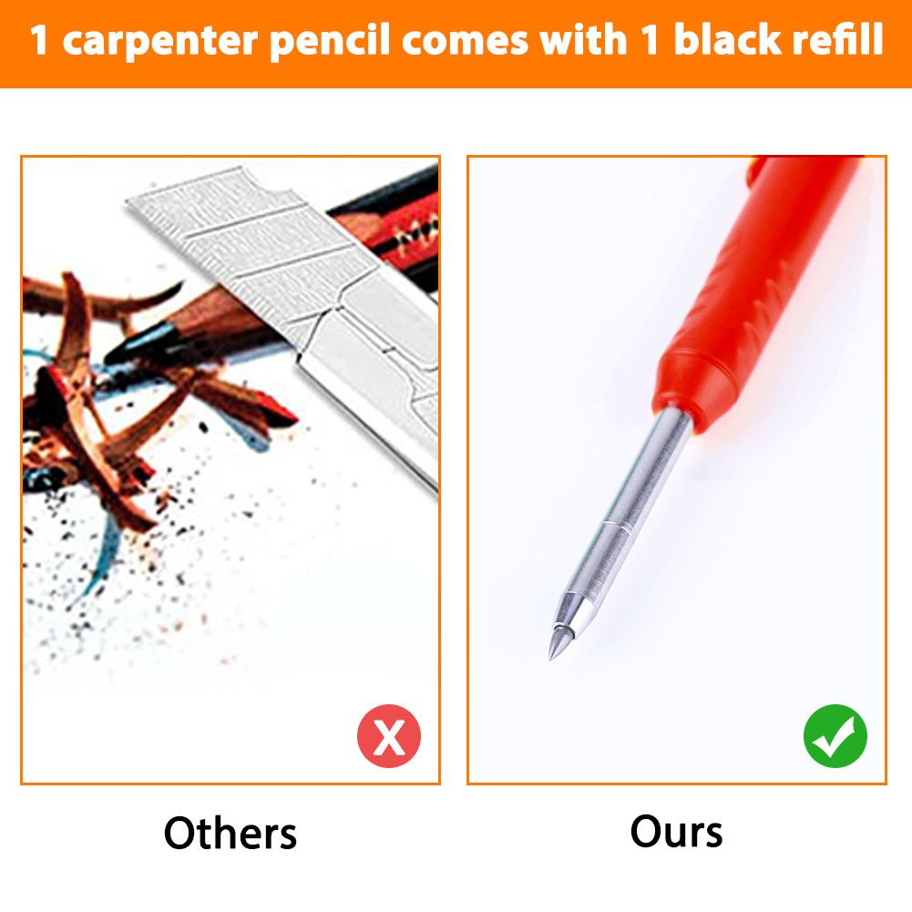 Solid Carpenter Pencil Set with 6 Refill Lead Deep Hole Marking Pencil Built-in Sharpener Ergonomic for Woodworking Architect