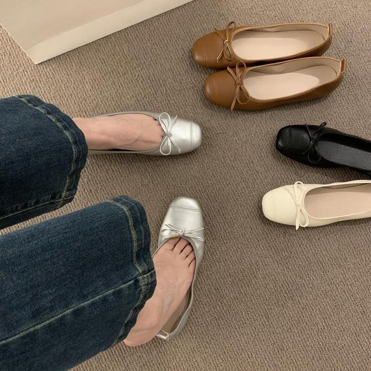 With Skirt Fairy Style Silver Soft Leather Soft-soled Grandma Shoes One Pedal Light Mouth Ballet Shoes Gentle Evening Single Shoes