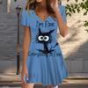 Летняя мода женские V-образный вырез короткий рукав жареный котенок принтованное платье сексуальные короткие юбки платья