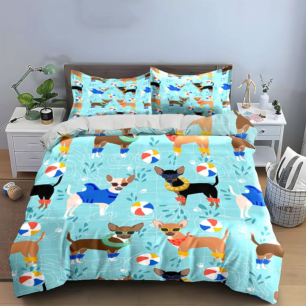 Chihuahua Pool Party Pattern Bedding Duvet Cover Set Duvet Cover Pillowcases (1*Duvet Cover 2*Pillowcases, without duvet insert)