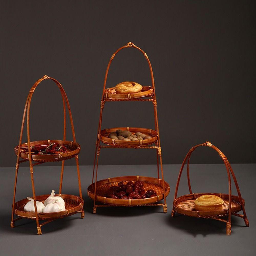 1Pcs 1/2/3 Layers Storage Basket Multi-function Standing Tray Bamboo Woven Basket For Kitchen