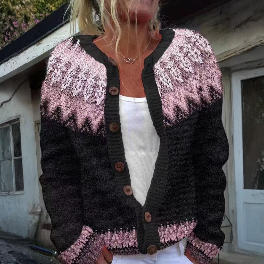 Кардиганы в стиле Fair Isle для женщин, с круглым вырезом, свободного кроя, на пуговицах, объемный свитер, с открытой передней частью, повседневная вязаная куртка на осень