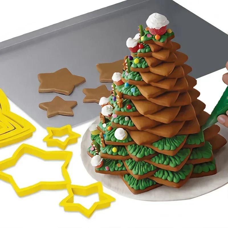 6pcs/Set Christmas Tree Cookie Cutter Mold Xmas Plastic DIY 3D  Year Biscuits Gingerbread Maker Stamp Baking  Acssories