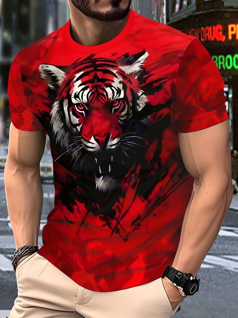 Мужская футболка с 3D-принтом тигра, с коротким рукавом, с круглым вырезом, дышащая, эластичная, повседневная, модная, для улицы, для вечеринки, для ношения на выходных, топы