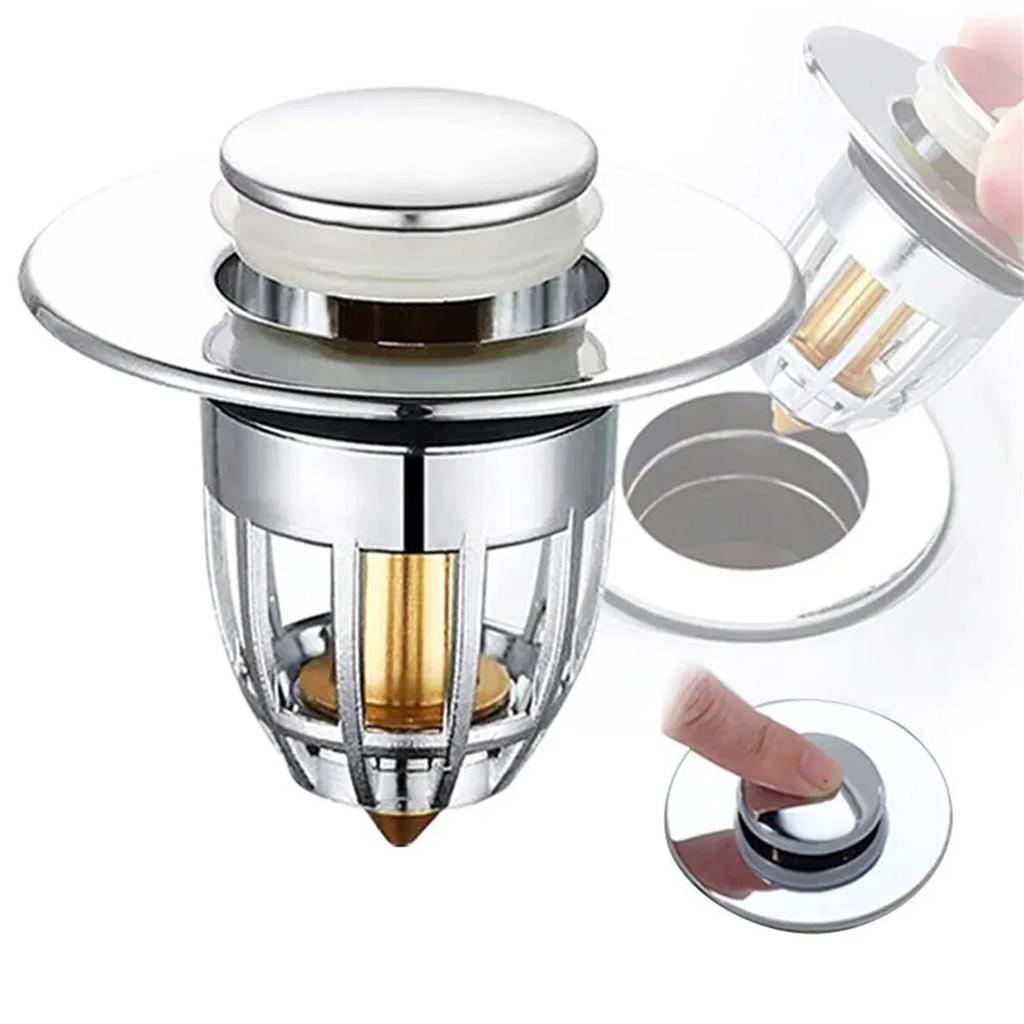 Universal Rebound Drain Plug Filter Basin Pop-up Chrome Sink Filter with Hair Catcher Bathroom Sink Drain Stopper Easy Push Type