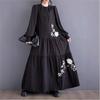 Woman Autumn Fashion O-Neck Embroidery Splicing Retro Dress Loose Vintage Style Balloon Sleeves Dress