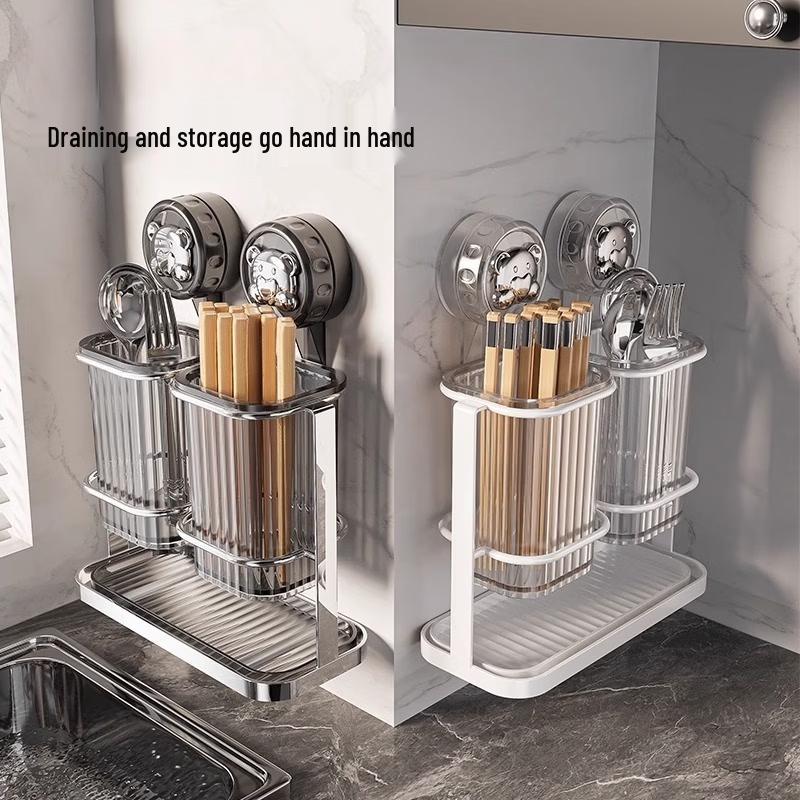 Youshu Glass Double Chopstick Holder - Screw Wall-mounted Kitchen Organizer