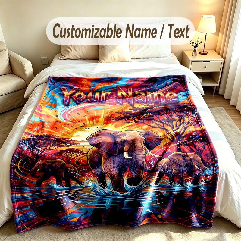 Elephant Theme Soft Blanket Personalized Custom Name Text Print Warm Blanket Home Sofa Bedroom Decor