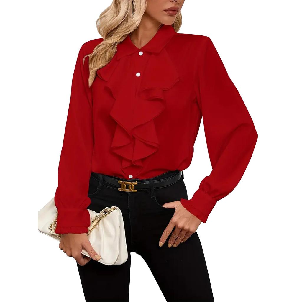 Women's Loose Casual Solid Color Ruffle Edge Shirt Long Sleeved Shirt Fashionable Shirt